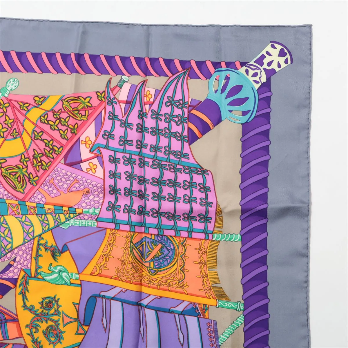 Carre 90 Etendards et Bonnieres flag pattern scarf, silk, gray x purple. Shows wear, — view 3