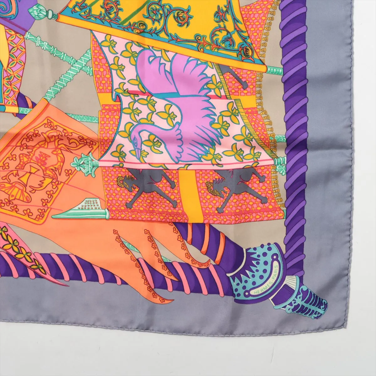 Carre 90 Etendards et Bonnieres flag pattern scarf, silk, gray x purple. Shows wear, — view 4