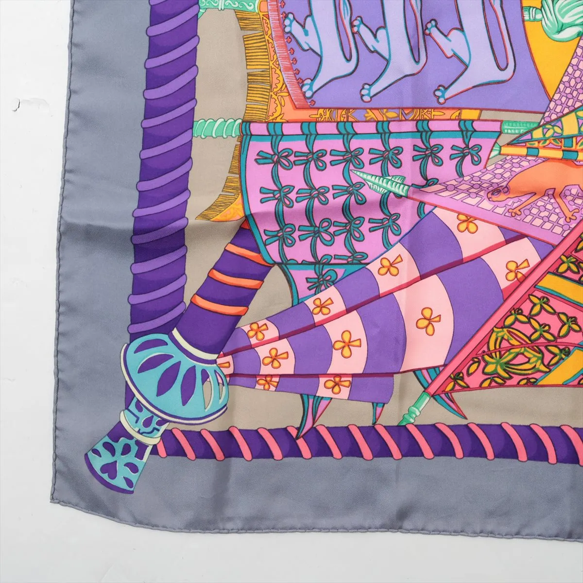Carre 90 Etendards et Bonnieres flag pattern scarf, silk, gray x purple. Shows wear, — view 5