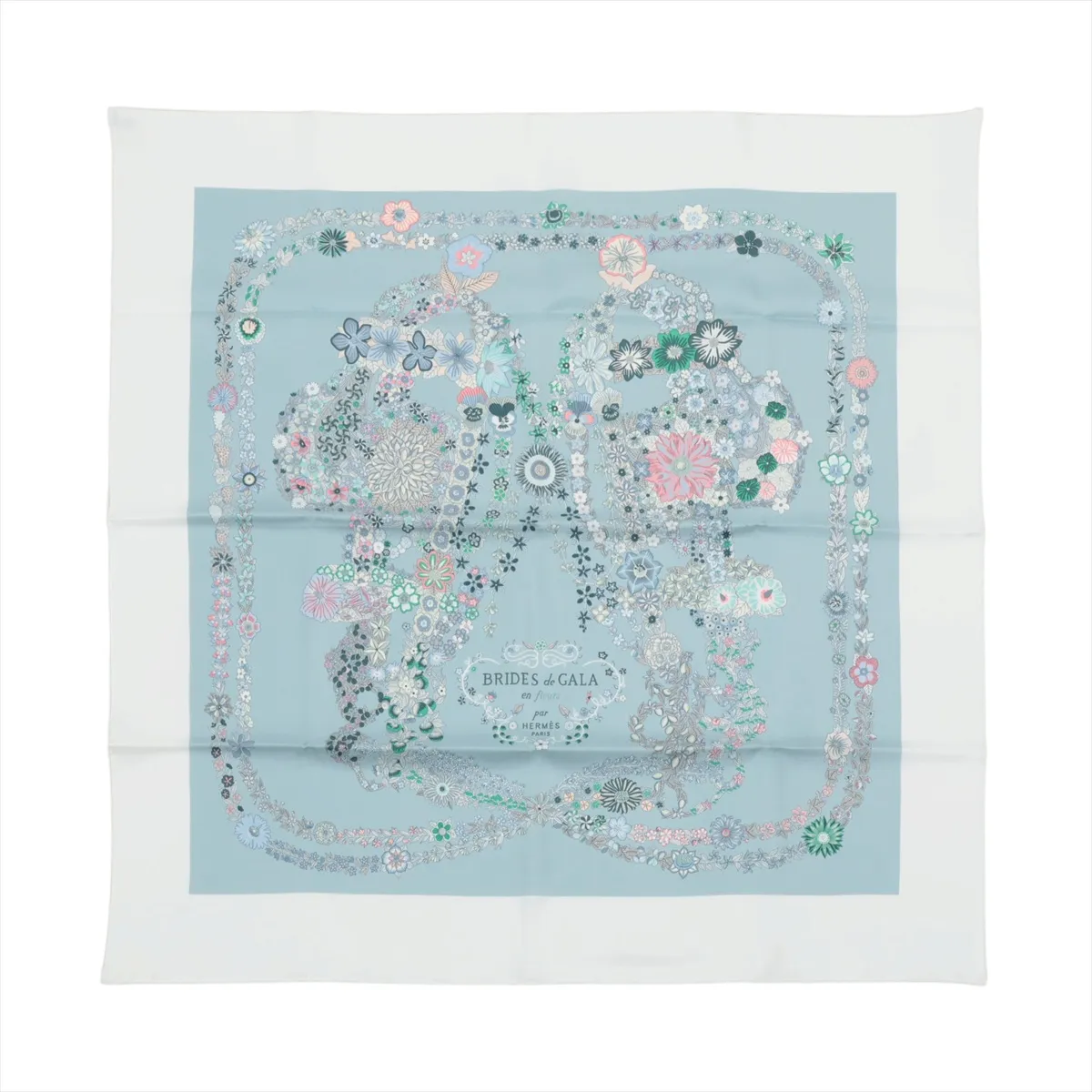 Carre 90 RIDES DE GALA EN FLEURS (Brides de Gala en Fleurs) Scarf, Silk, Blue Glacier, Slightly Snagged, with Paper Tag.