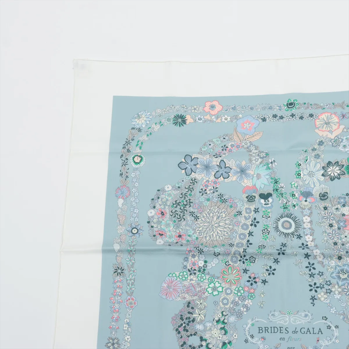 Carre 90 RIDES DE GALA EN FLEURS (Brides de Gala en Fleurs) Scarf, Silk, Blue Glacier, Slightly Snagged, with Paper Tag. — view 2