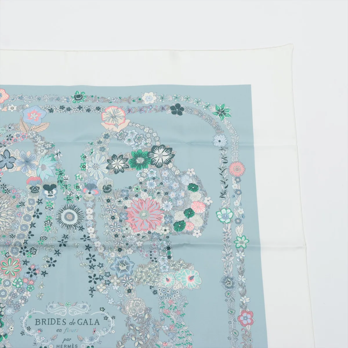 Carre 90 RIDES DE GALA EN FLEURS (Brides de Gala en Fleurs) Scarf, Silk, Blue Glacier, Slightly Snagged, with Paper Tag. — view 3
