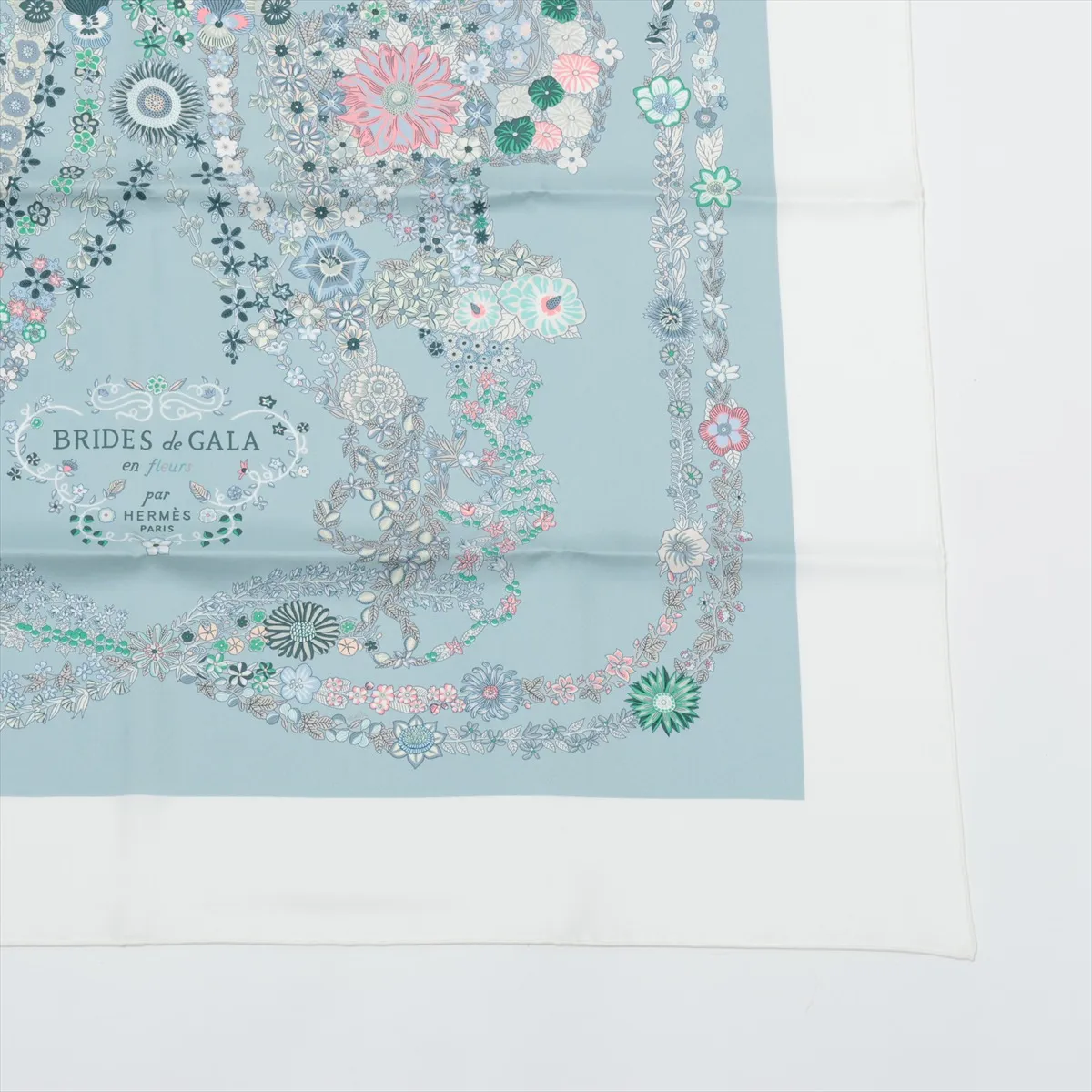 Carre 90 RIDES DE GALA EN FLEURS (Brides de Gala en Fleurs) Scarf, Silk, Blue Glacier, Slightly Snagged, with Paper Tag. — view 4