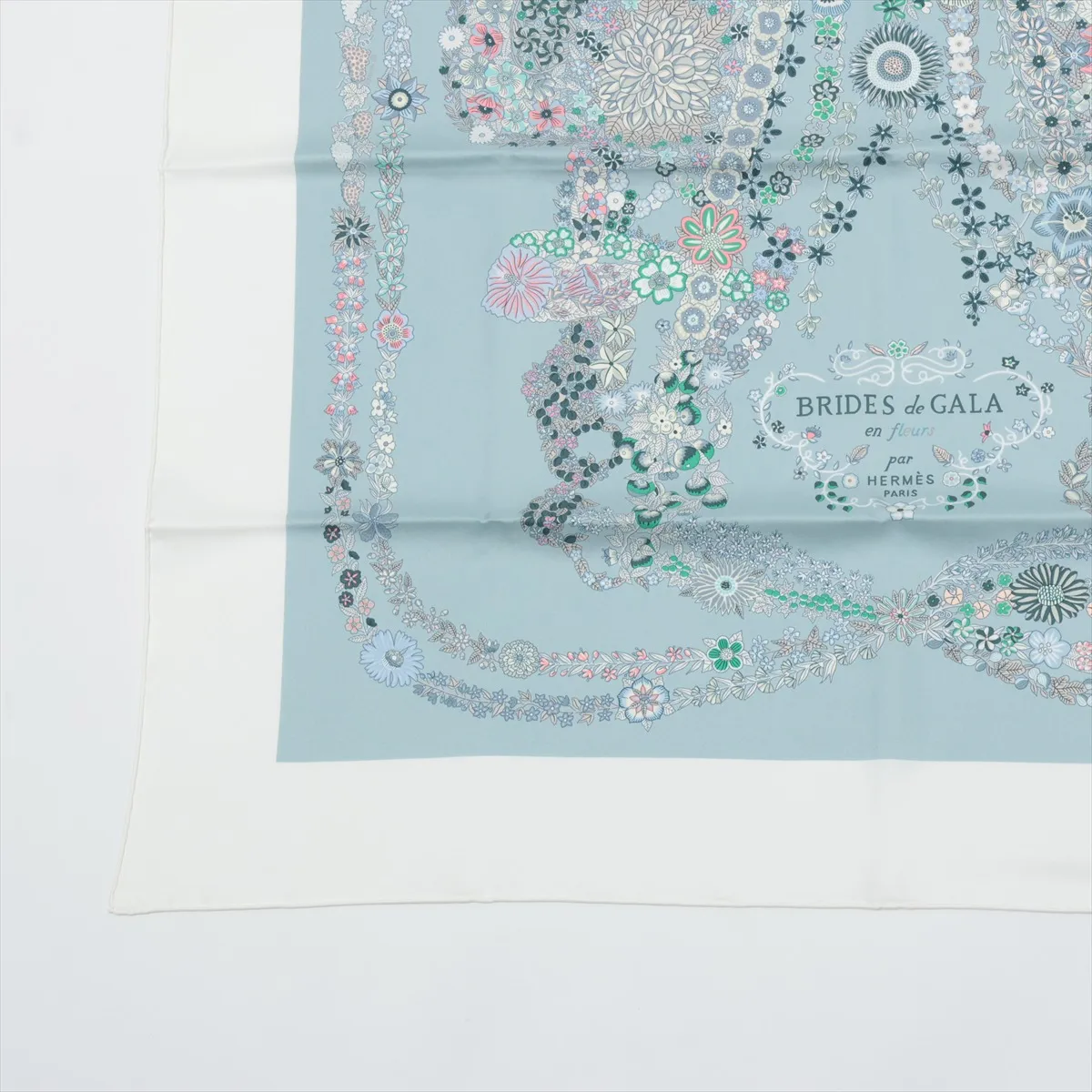 Carre 90 RIDES DE GALA EN FLEURS (Brides de Gala en Fleurs) Scarf, Silk, Blue Glacier, Slightly Snagged, with Paper Tag. — view 5