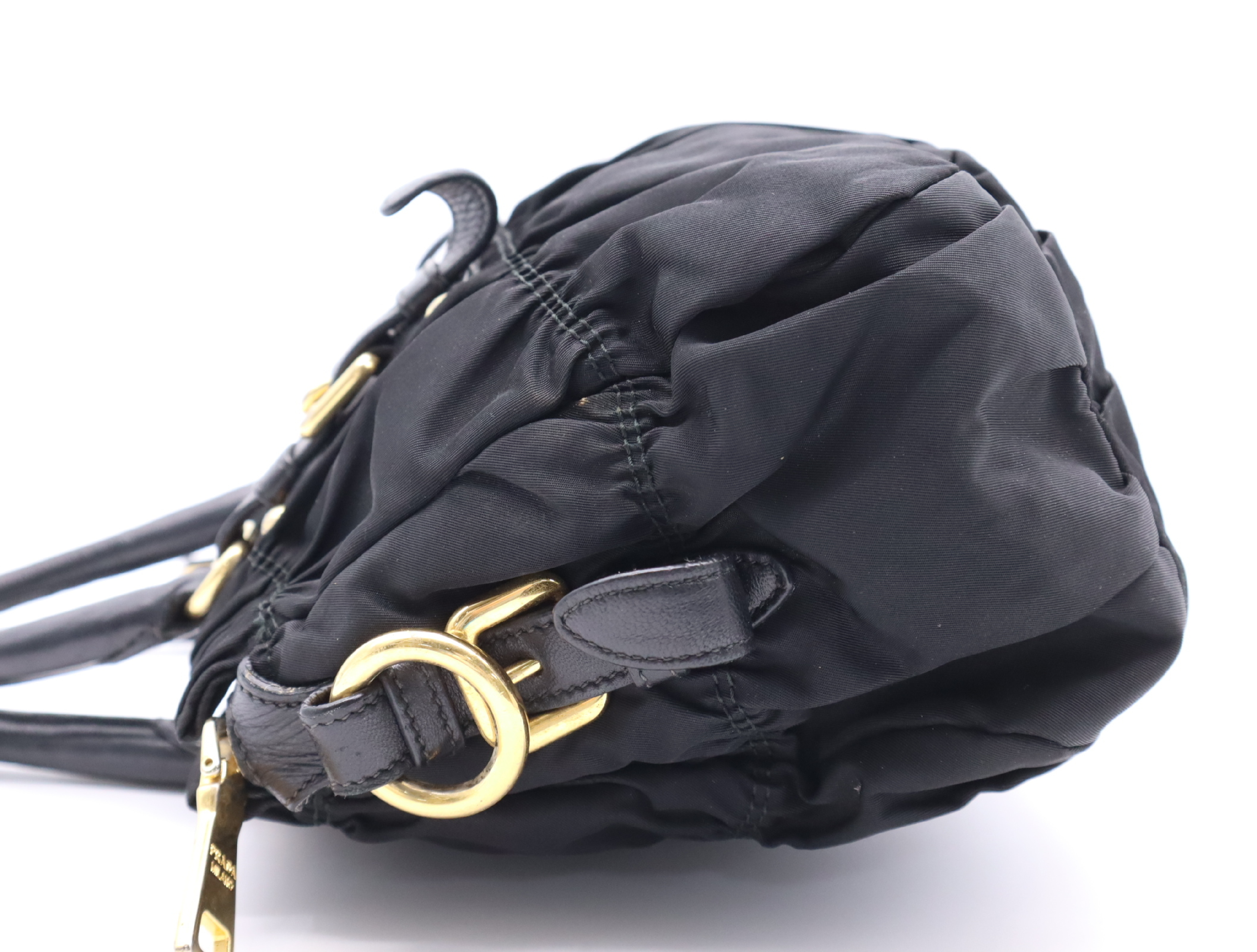 Gathered Handbag with Name Tag, Black, Gold Hardware — view 3