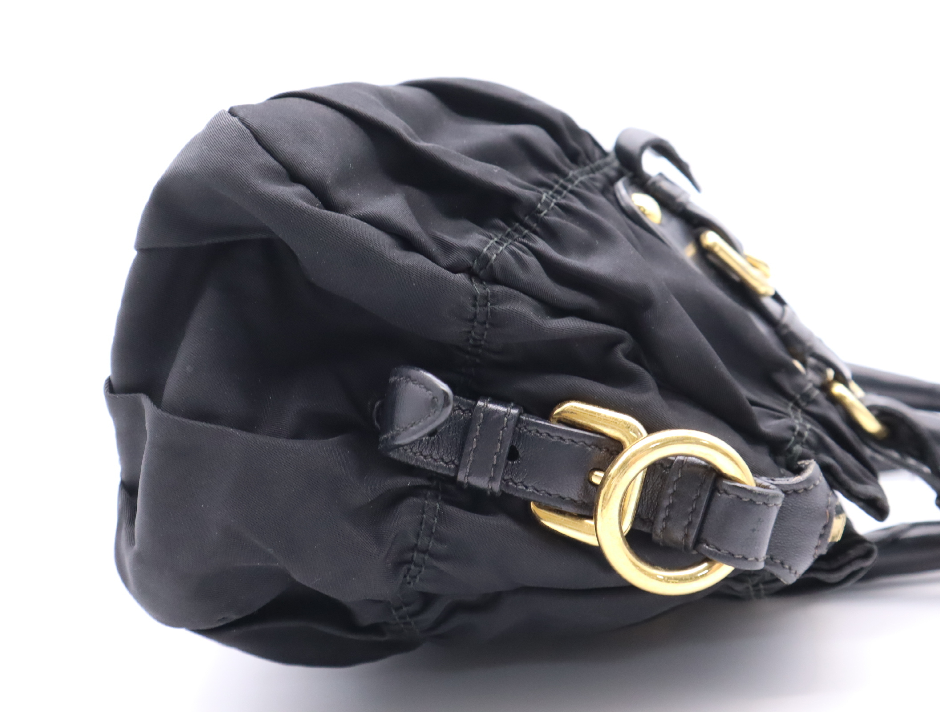 Gathered Handbag with Name Tag, Black, Gold Hardware — view 5