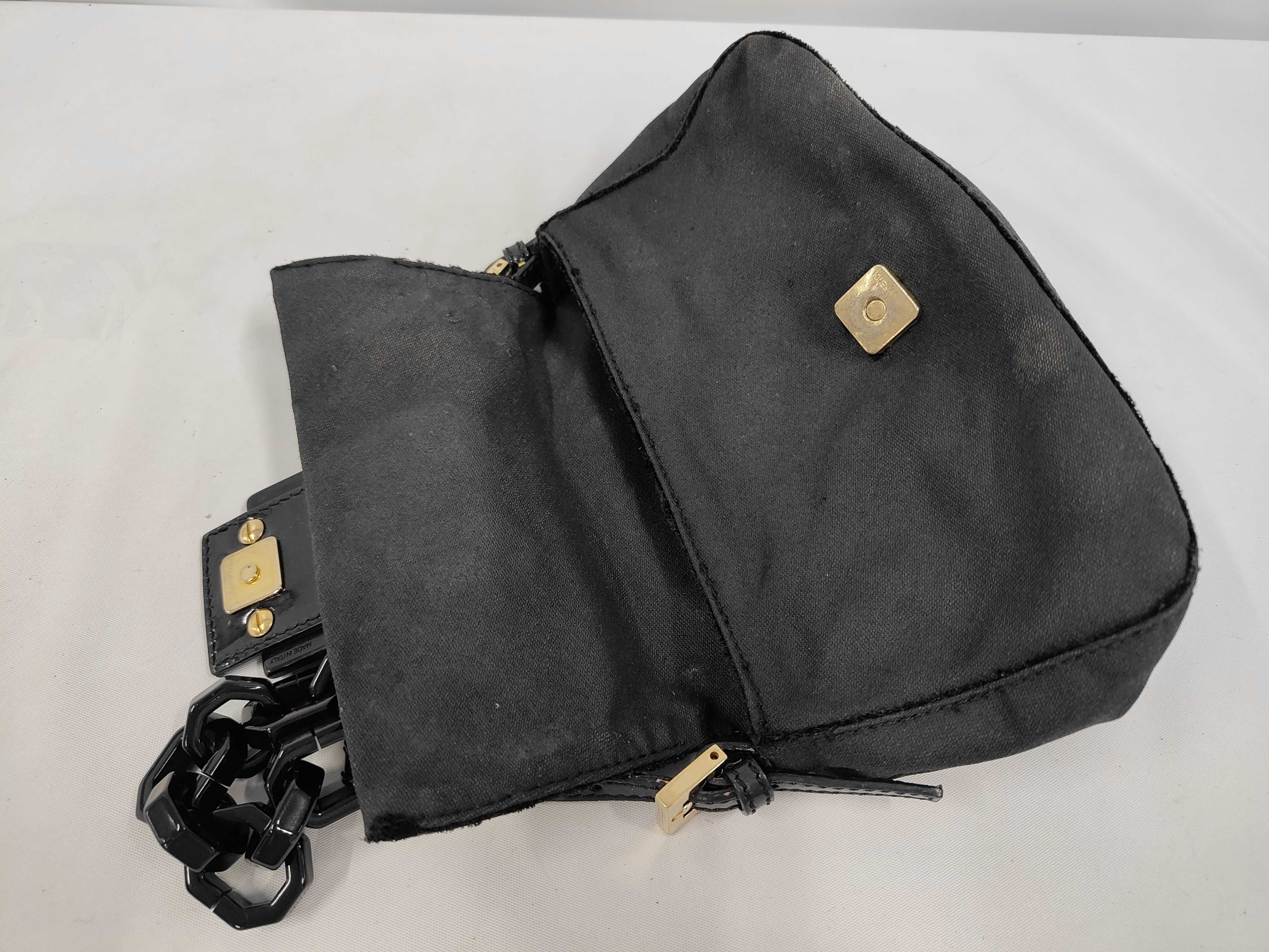 Mamma Bucket Chain Canvas x Patent Leather Chain Shoulder Bag, Black — view 8