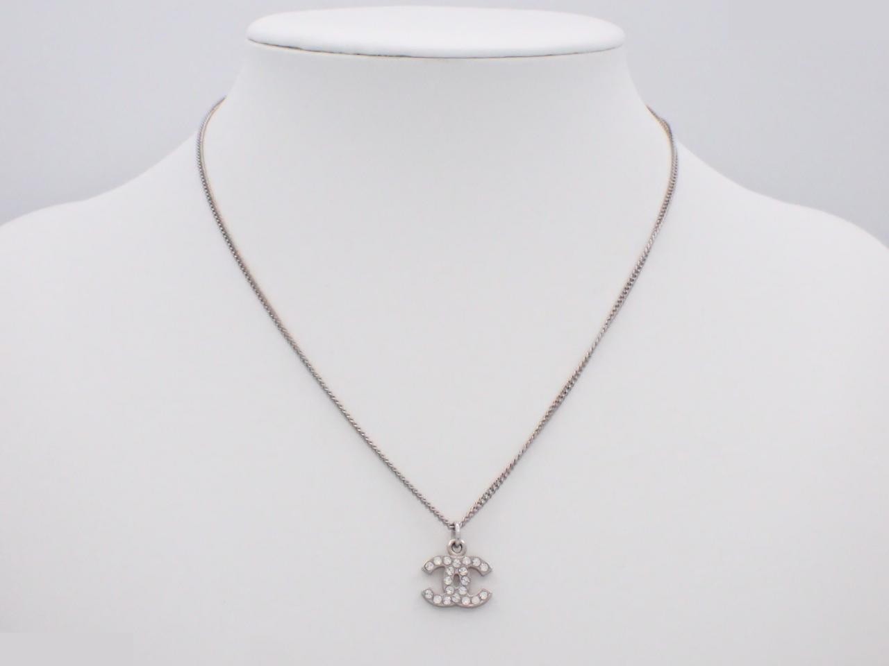 Necklace with Coco Mark design, rhinestones, silver chain, approximately 44cm. — view 3