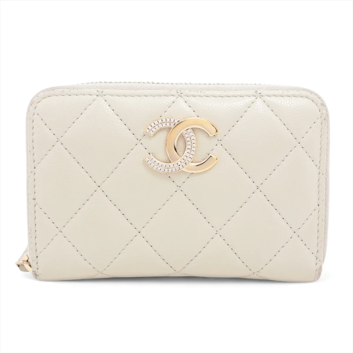 Matelassé Caviar Skin Coin Case, Gray with Gold Hardware, HUL0K1P9