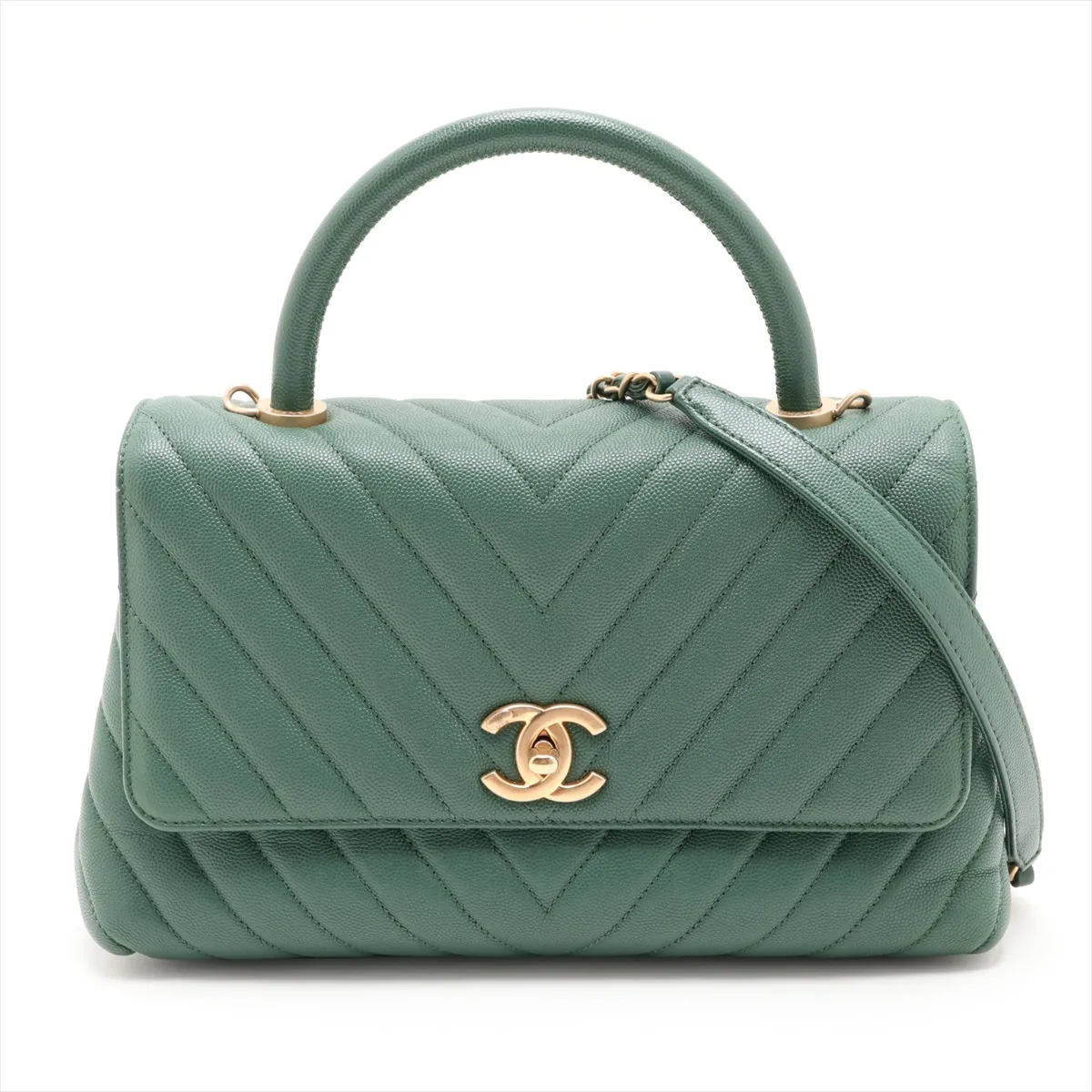 Coco Handle 29 S Caviar Skin 2-Way Handbag, Green with Gold Hardware, 25913593, Serial Number 25-series, A92991