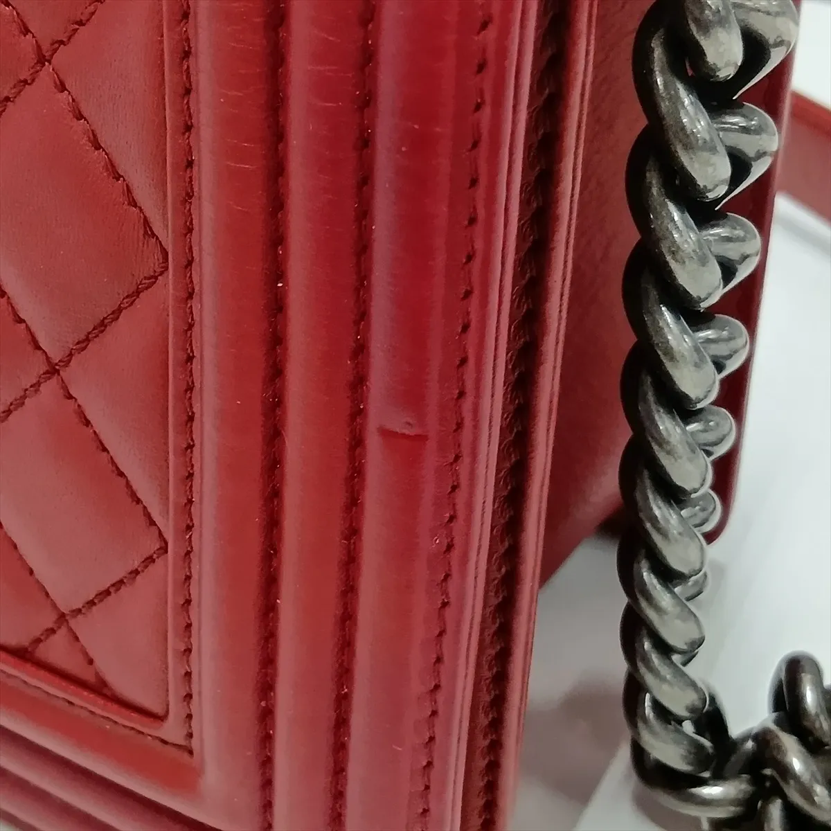Boy Chanel 25 Lambskin Chain Shoulder Bag, Red, Gunmetal Hardware, 18460674, Serial Number 18-series, A67086 — view 12