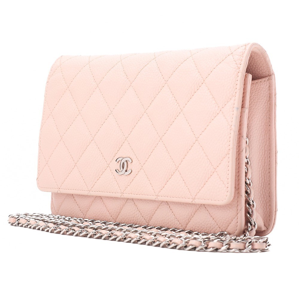 Caviar leather matelassé chain wallet, pink, silver hardware, serial number 18. — view 3