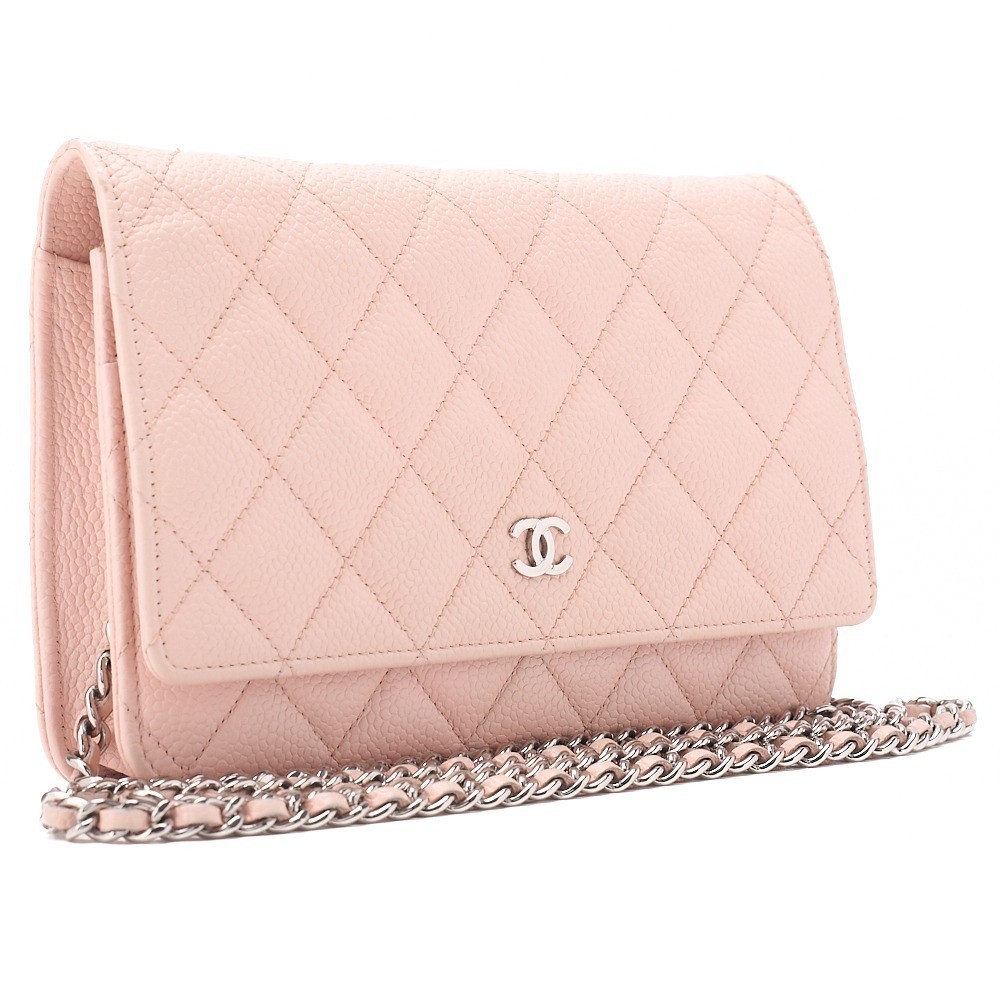 Caviar leather matelassé chain wallet, pink, silver hardware, serial number 18. — view 4