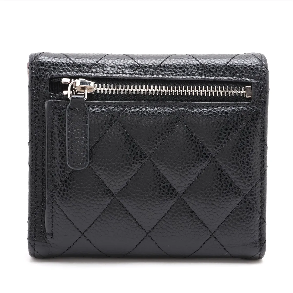 Matelassé Caviar Skin Compact Wallet, Black, Silver Hardware, UA97UKLC — view 2