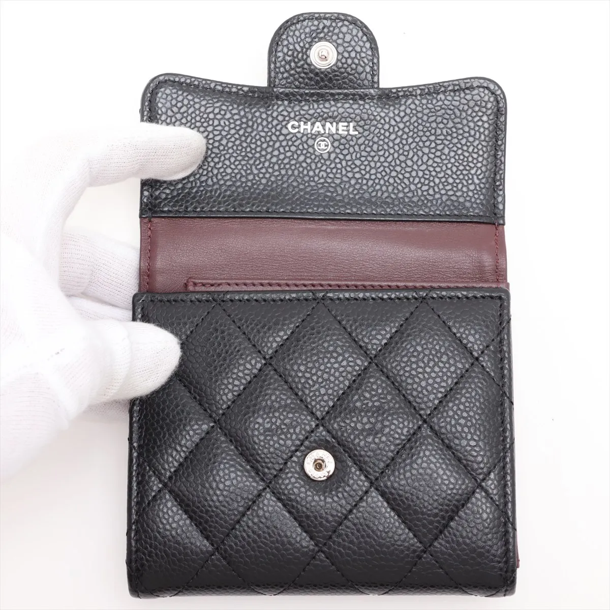 Matelassé Caviar Skin Compact Wallet, Black, Silver Hardware, UA97UKLC — view 3