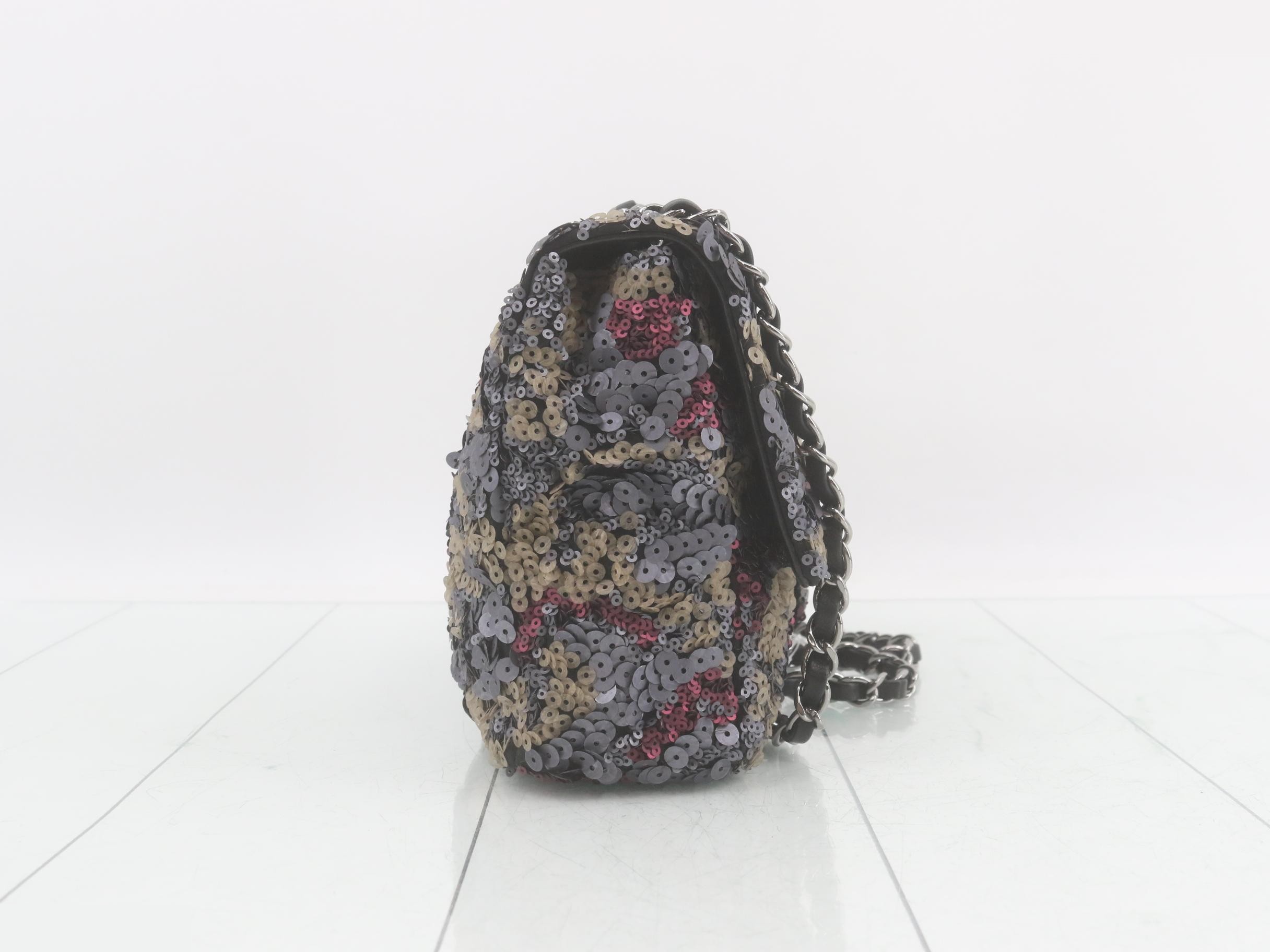 Sequined single flap double chain bag — view 4