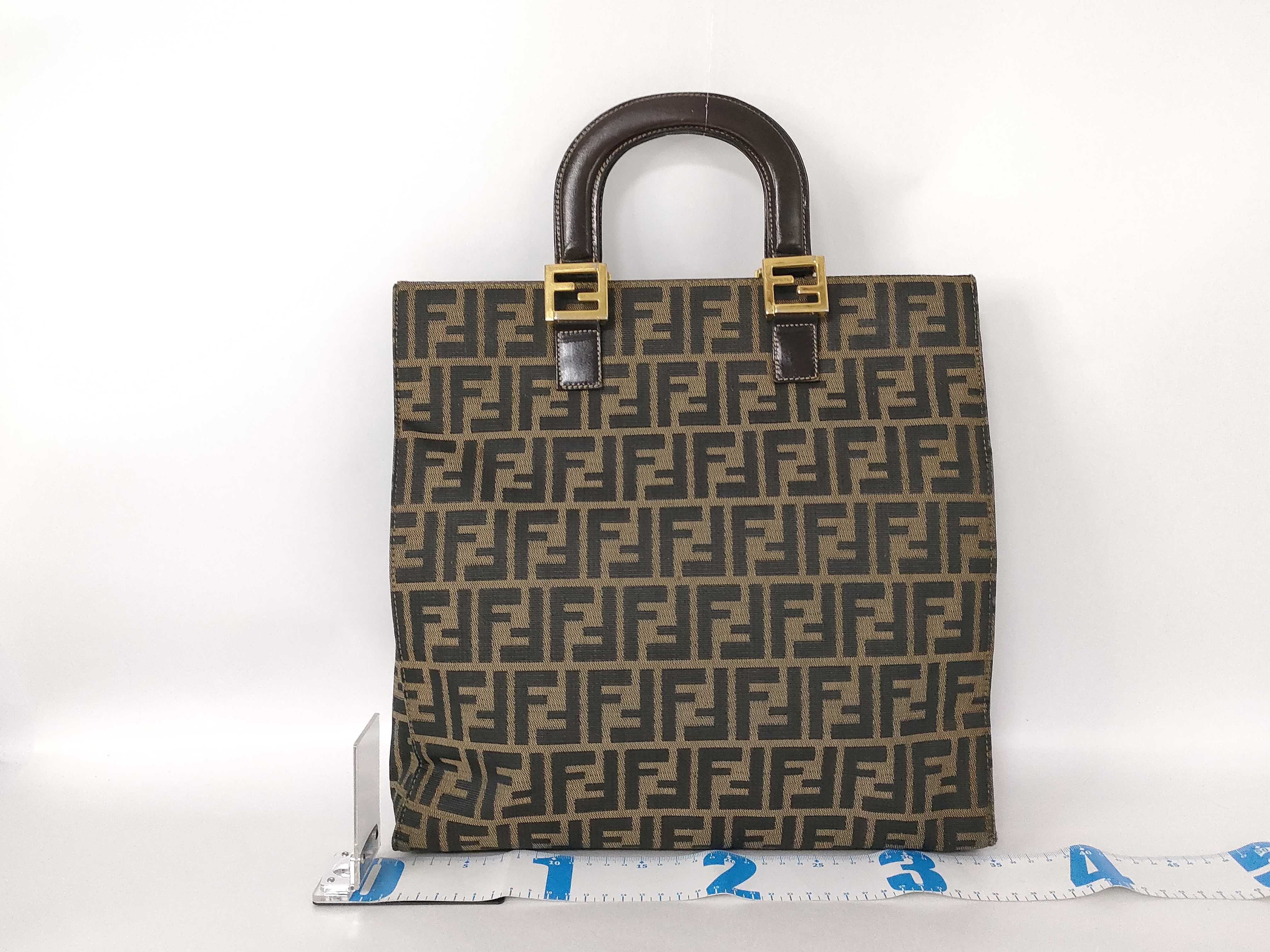 Zucca pattern tote bag/handbag with gold hardware, FF logo, canvas and leather, brown. — view 2