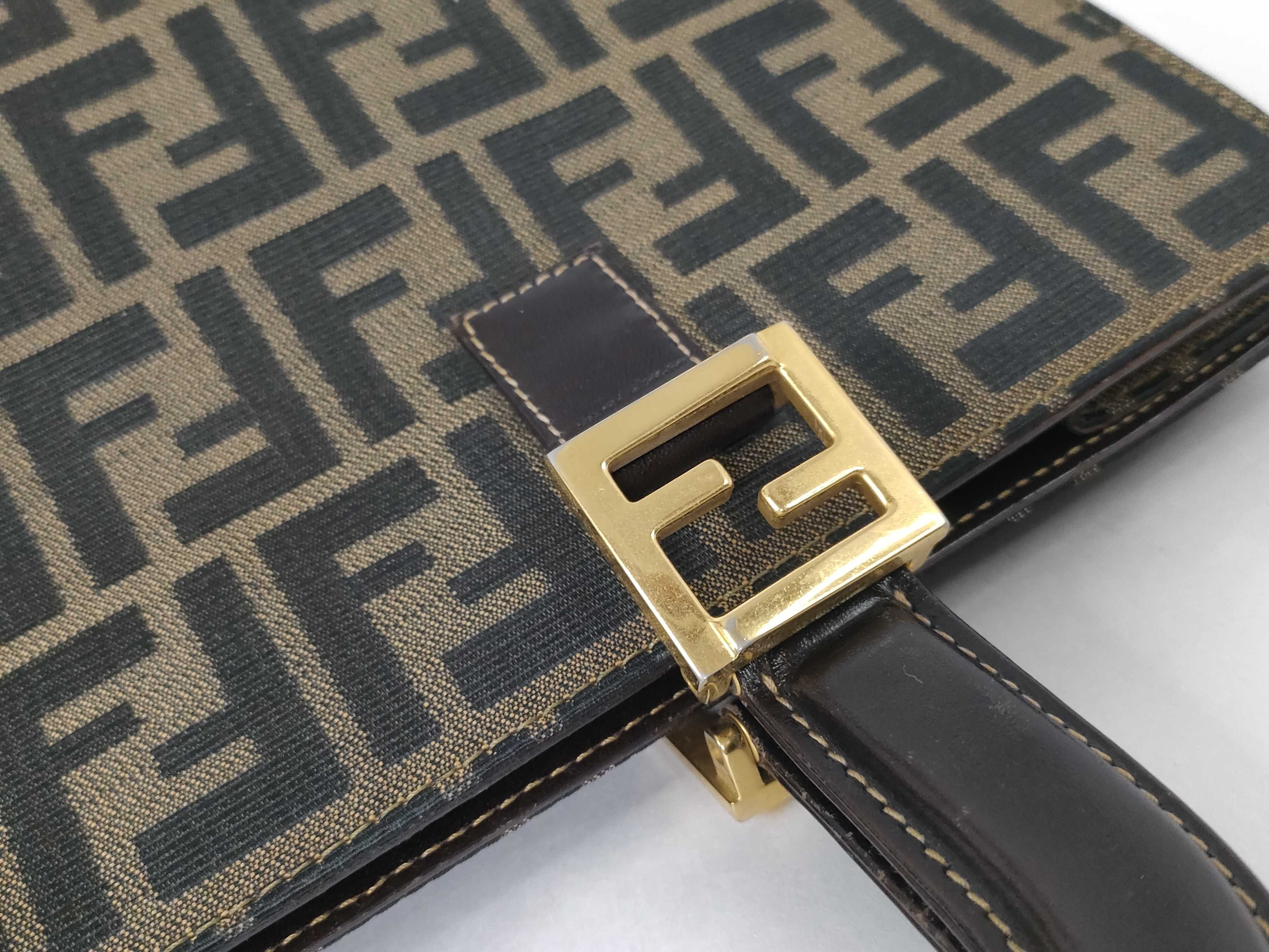 Zucca pattern tote bag/handbag with gold hardware, FF logo, canvas and leather, brown. — view 5