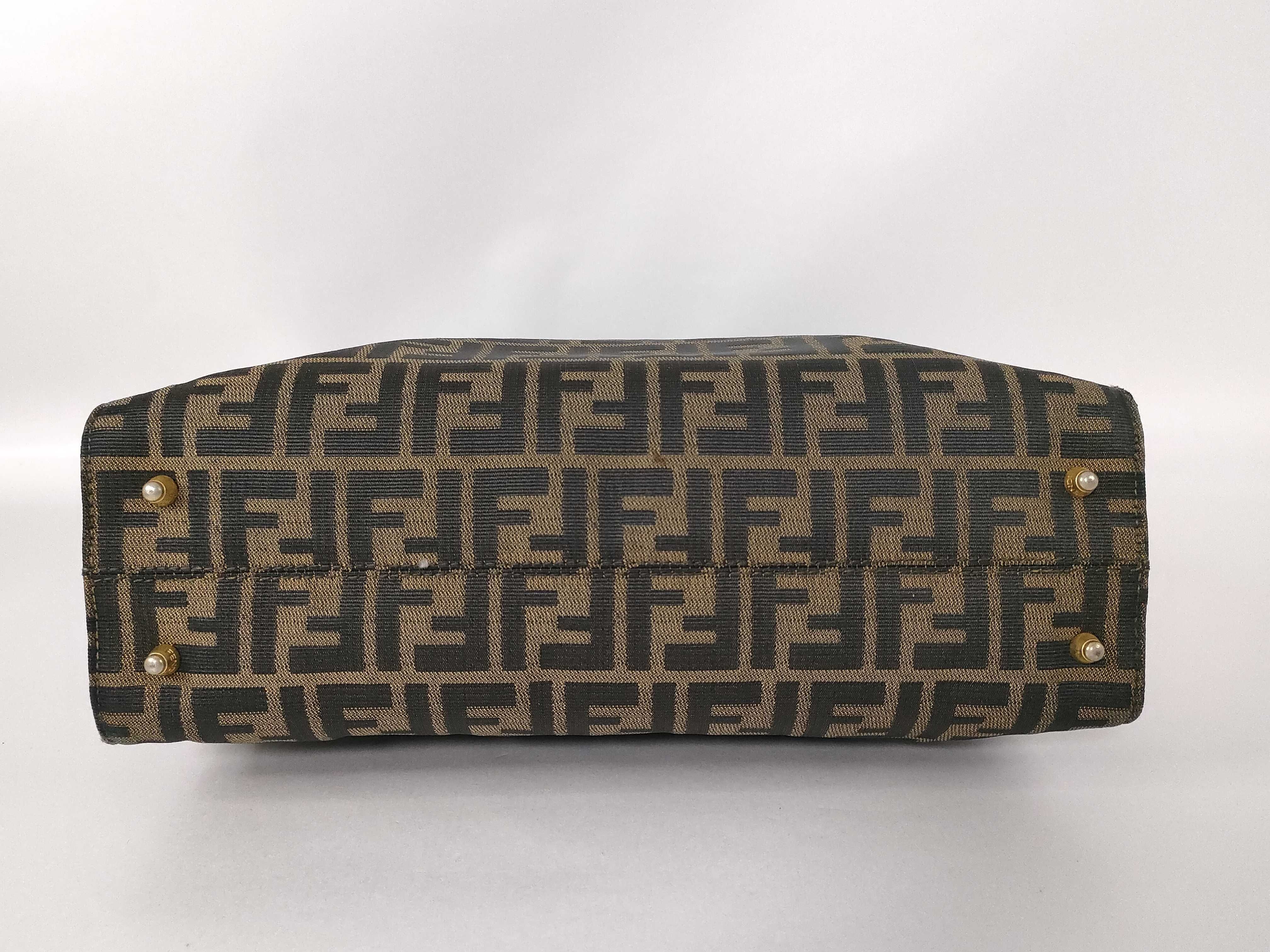 Zucca pattern tote bag/handbag with gold hardware, FF logo, canvas and leather, brown. — view 7