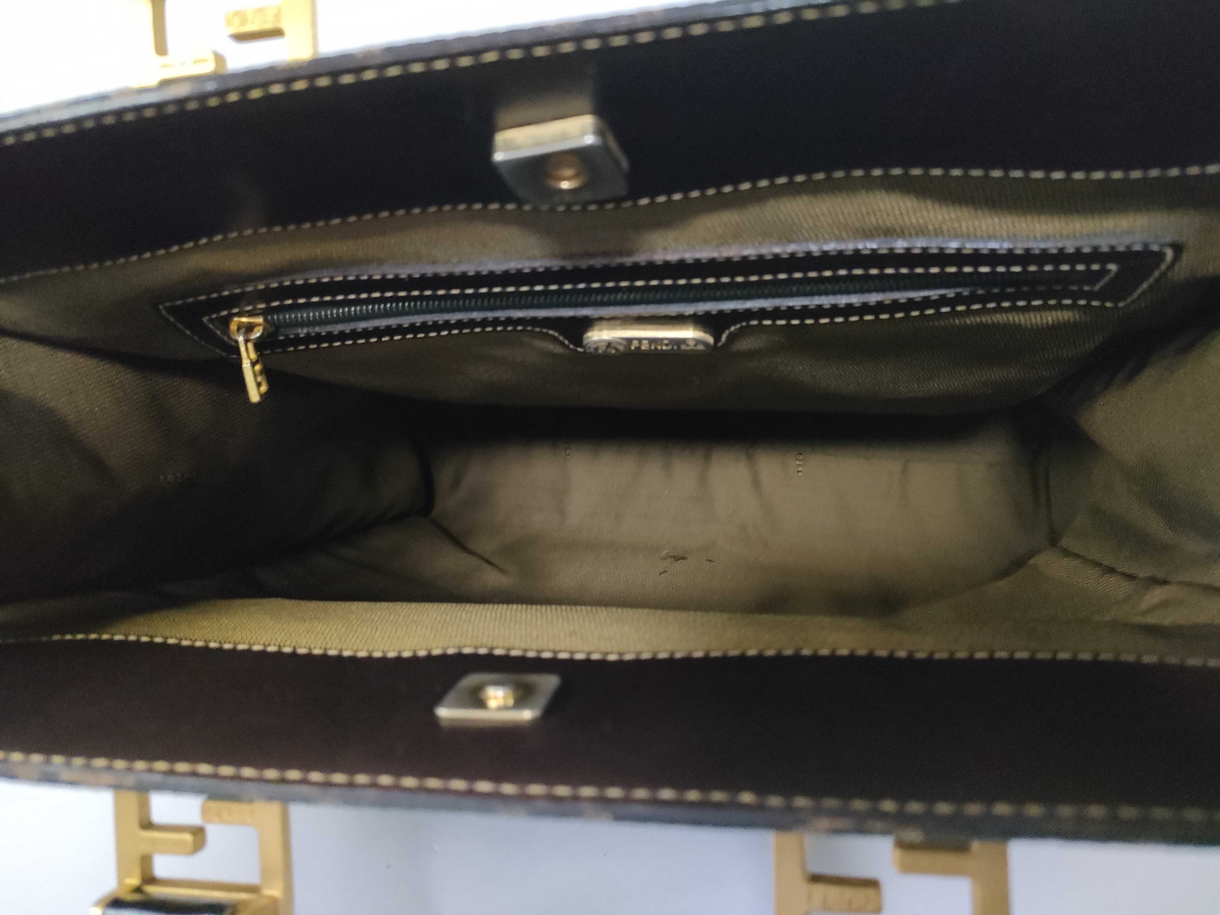 Zucca pattern tote bag/handbag with gold hardware, FF logo, canvas and leather, brown. — view 8