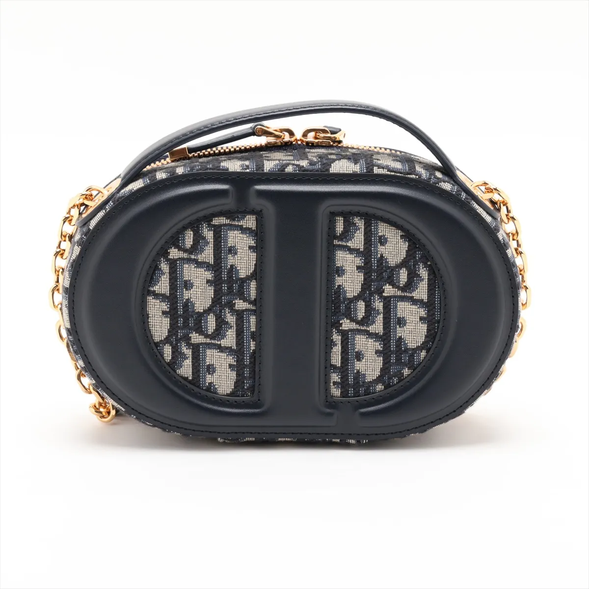 Oblique Oval Camera Bag, Canvas x Leather Chain Shoulder Bag, Beige x Navy — view 2