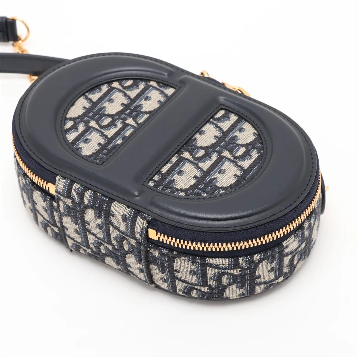 Oblique Oval Camera Bag, Canvas x Leather Chain Shoulder Bag, Beige x Navy — view 3