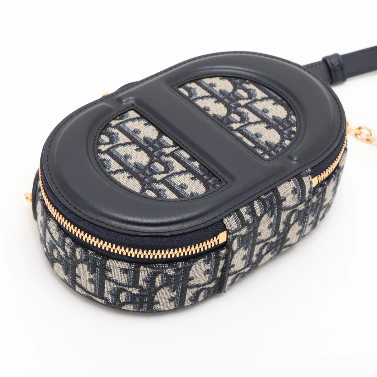 Oblique Oval Camera Bag, Canvas x Leather Chain Shoulder Bag, Beige x Navy — view 4