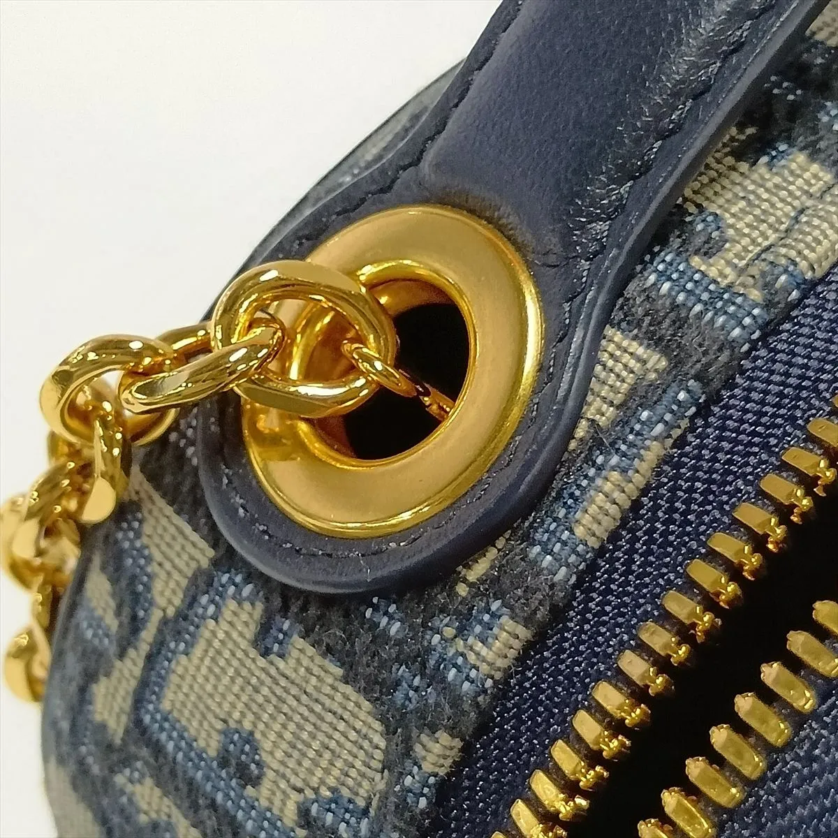 Oblique Oval Camera Bag, Canvas x Leather Chain Shoulder Bag, Beige x Navy — view 9