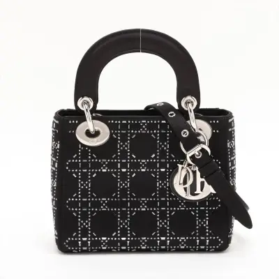 Cannage Lady Dior Mini Satin x Rhinestone 2-Way Handbag, Black