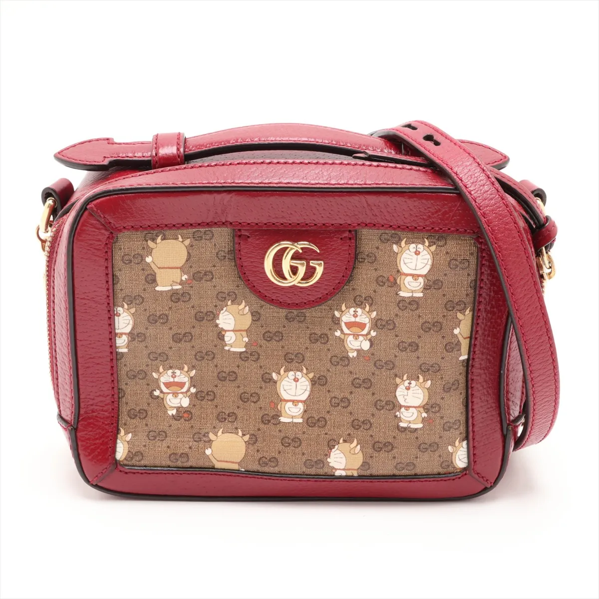 Doraemon x Gucci Mini GG Supreme 655596 PVC x Leather Chain Shoulder Bag Beige x Red