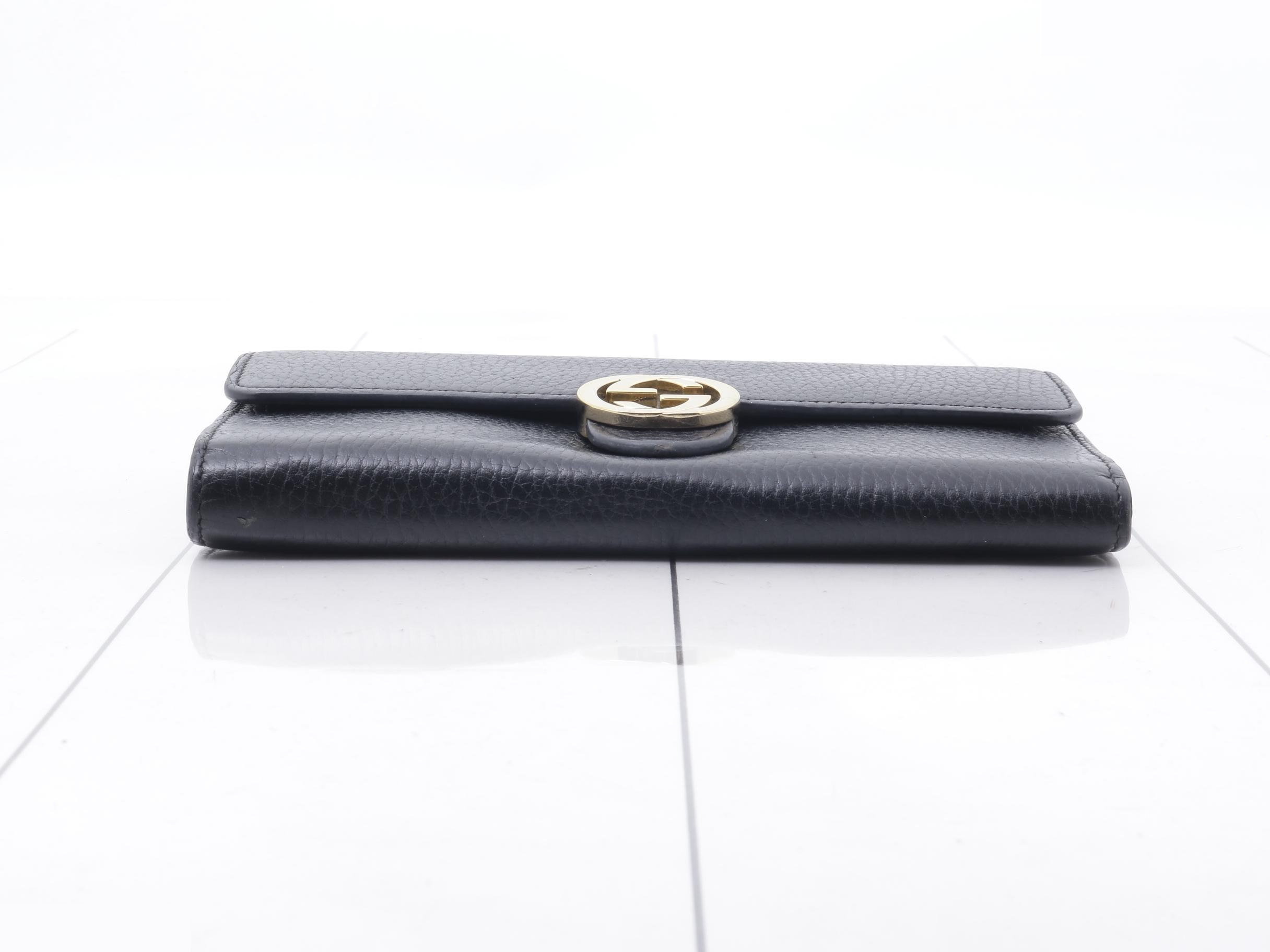 Interlocking Leather Long Wallet, Black — view 3