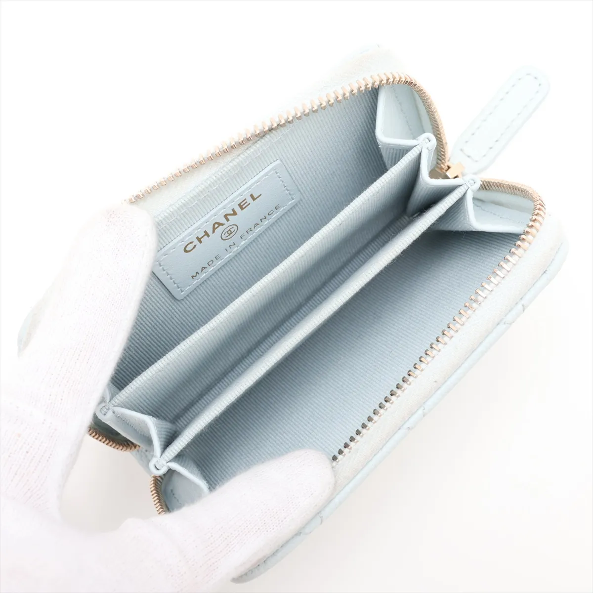 Matelassé Caviar Leather Coin Case, Light Blue with Gold Hardware, A8E3294E — view 3