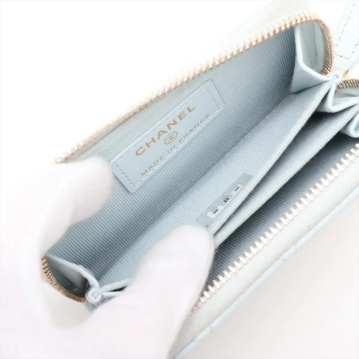 Matelassé Caviar Leather Coin Case, Light Blue with Gold Hardware, A8E3294E — view 4