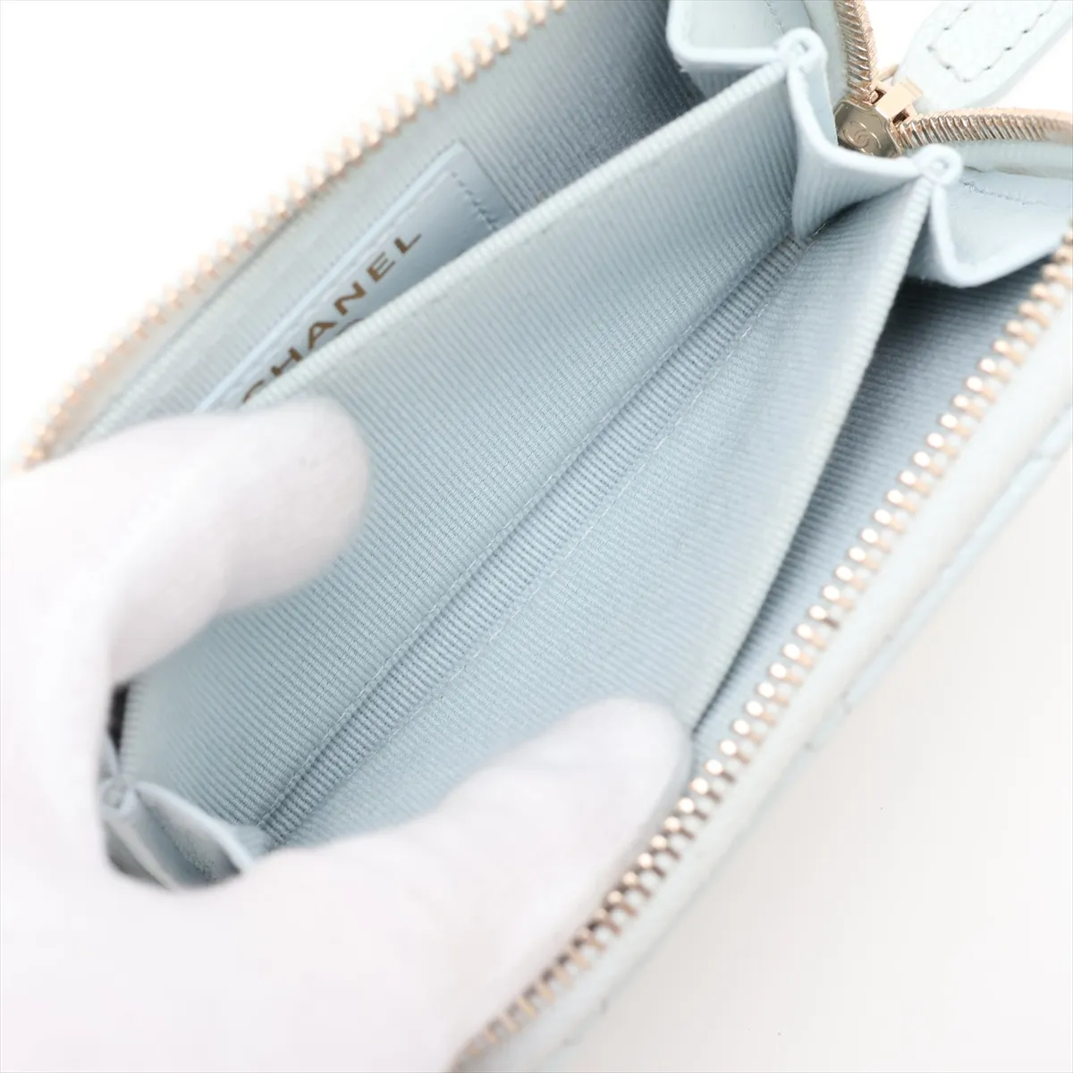 Matelassé Caviar Leather Coin Case, Light Blue with Gold Hardware, A8E3294E — view 5