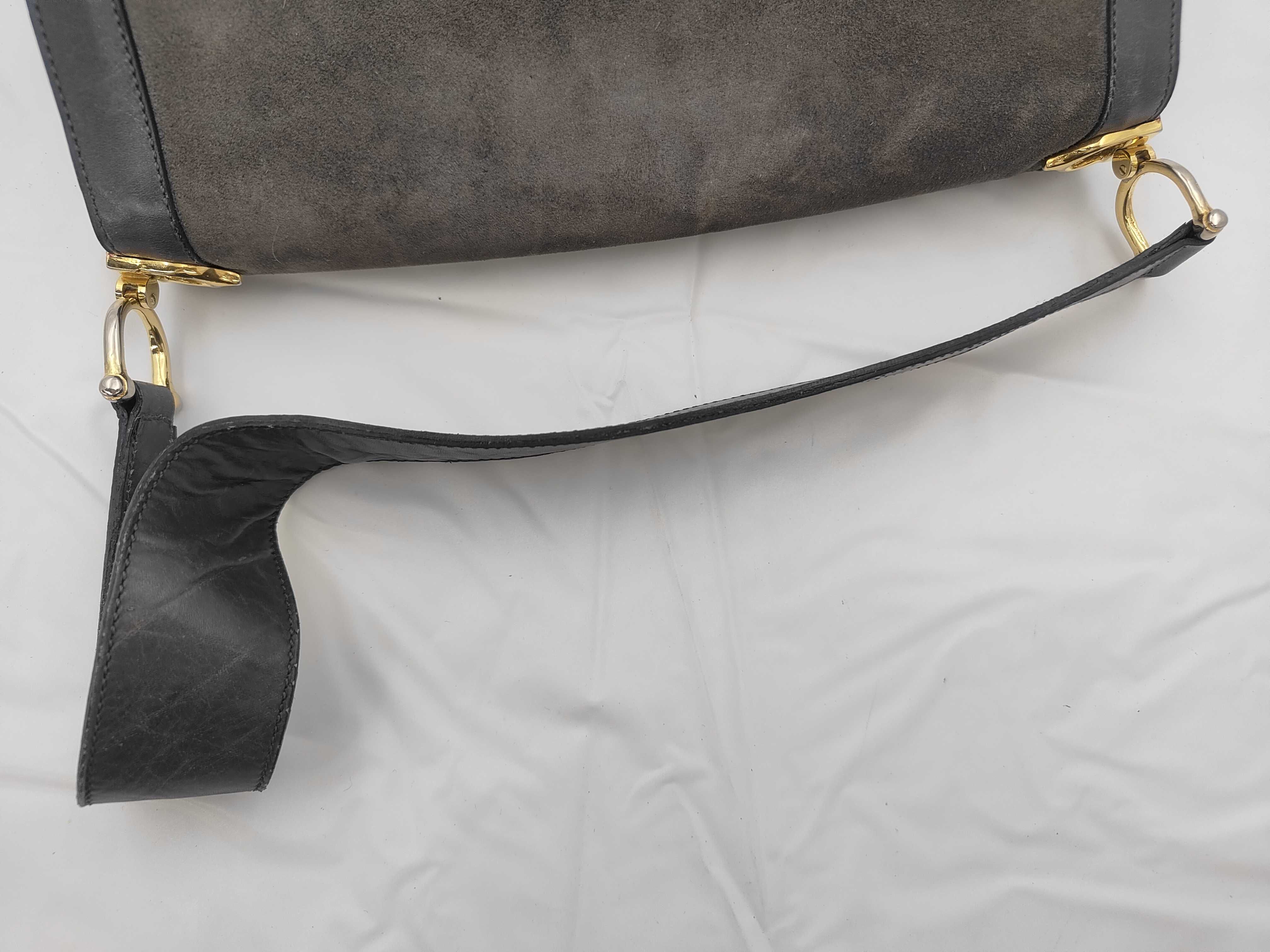 suede shoulder bag with carriage hardware, gray. — view 3