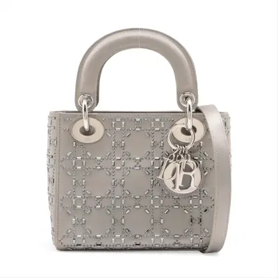 Cannage Lady Dior Mini Satin x Rhinestone 2-Way Handbag, Gray