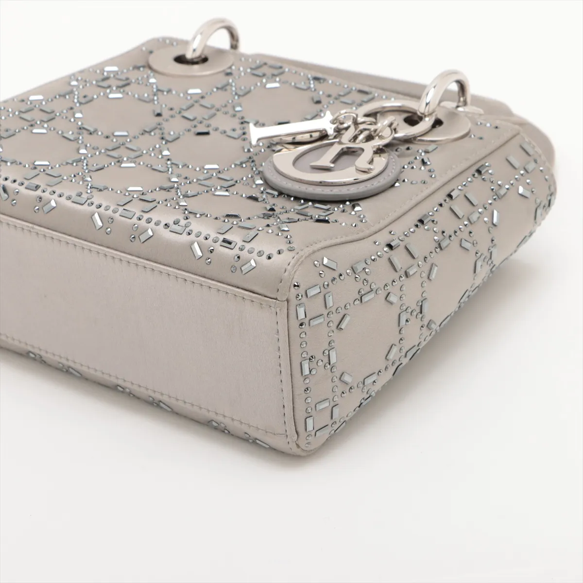 Cannage Lady Dior Mini Satin x Rhinestone 2-Way Handbag, Gray — view 3
