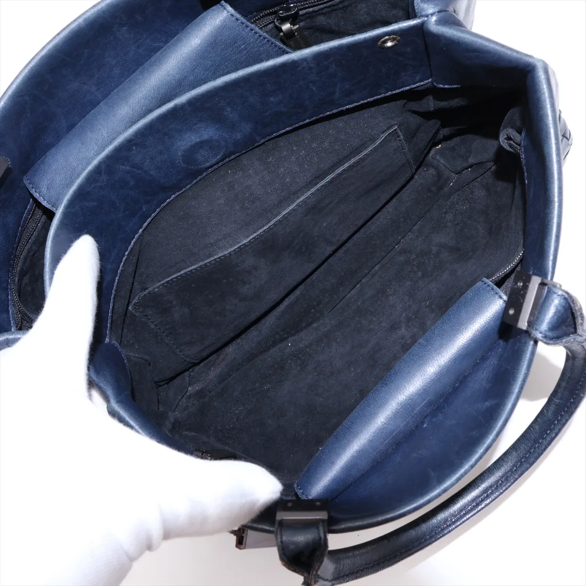 Intrecciato Leather Handbag, Navy — view 7