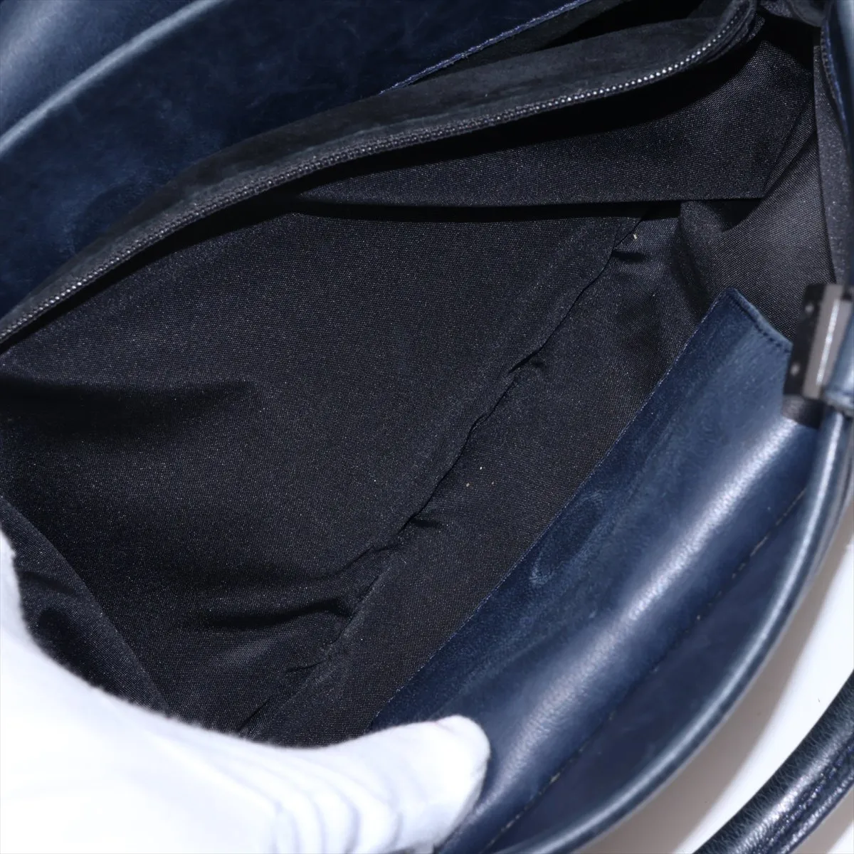 Intrecciato Leather Handbag, Navy — view 9