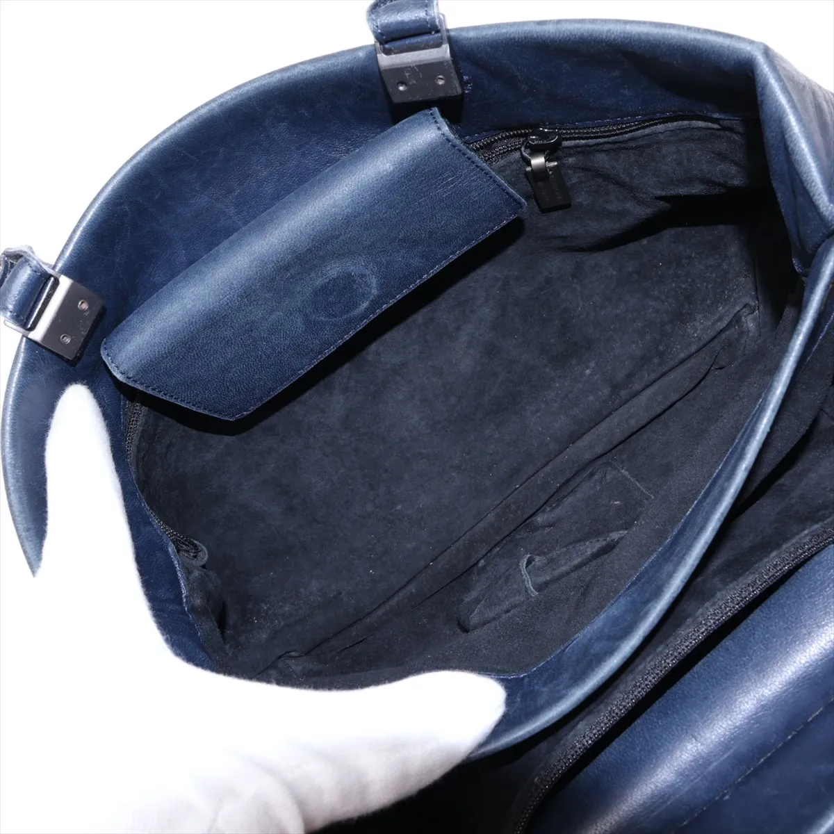 Intrecciato Leather Handbag, Navy — view 10