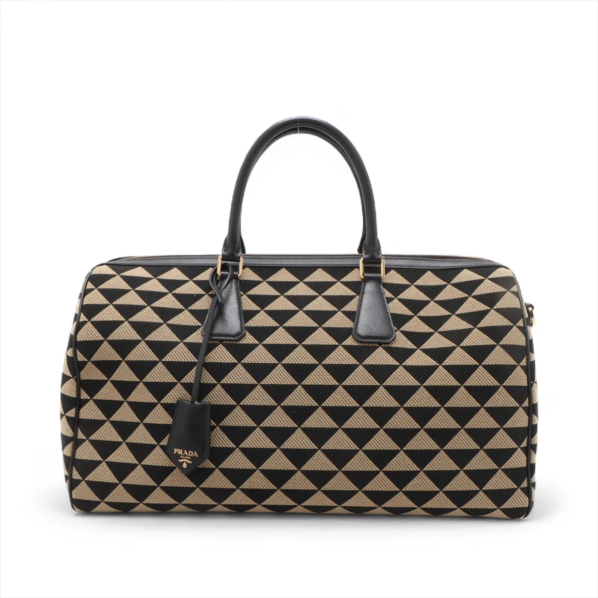 Embroidered Fabric x Leather 2-Way Boston Bag, Beige x Black — view 2
