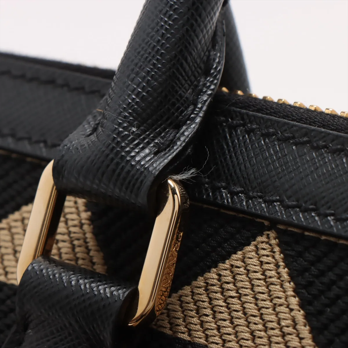 Embroidered Fabric x Leather 2-Way Boston Bag, Beige x Black — view 14