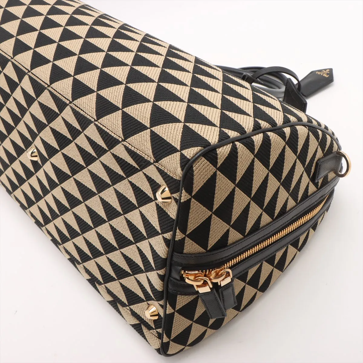 Embroidered Fabric x Leather 2-Way Boston Bag, Beige x Black — view 3
