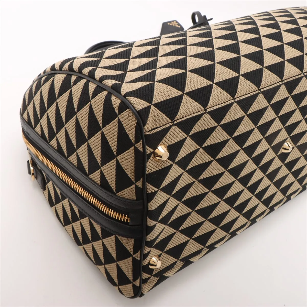 Embroidered Fabric x Leather 2-Way Boston Bag, Beige x Black — view 4