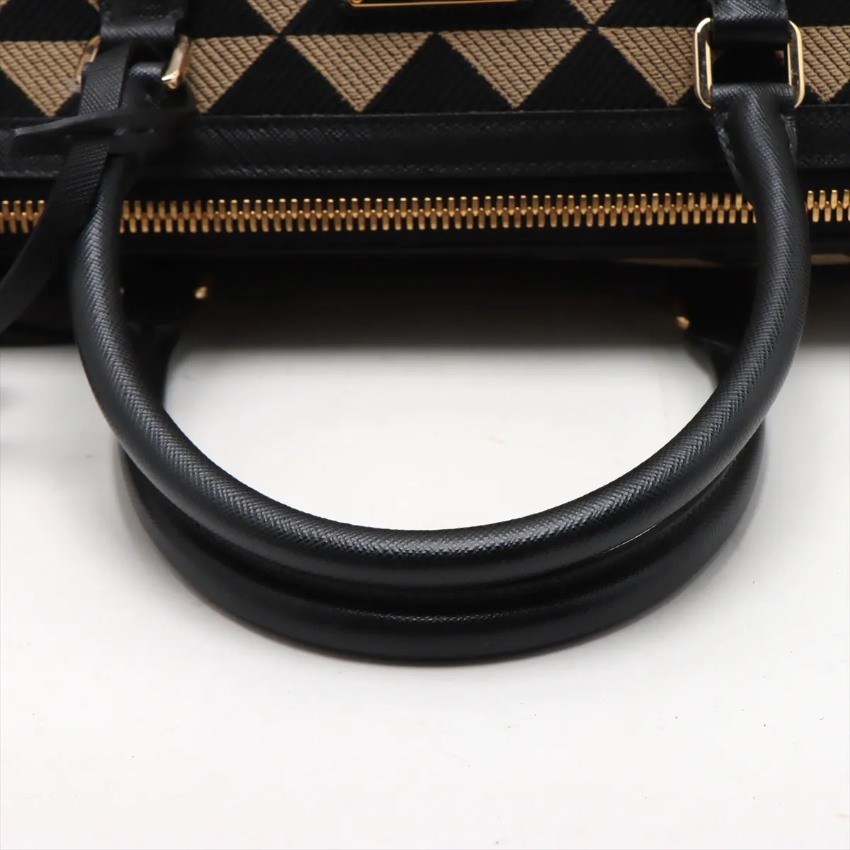 Embroidered Fabric x Leather 2-Way Boston Bag, Beige x Black — view 5