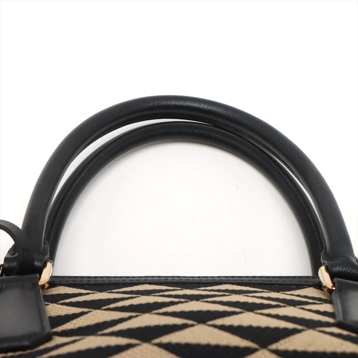 Embroidered Fabric x Leather 2-Way Boston Bag, Beige x Black — view 6