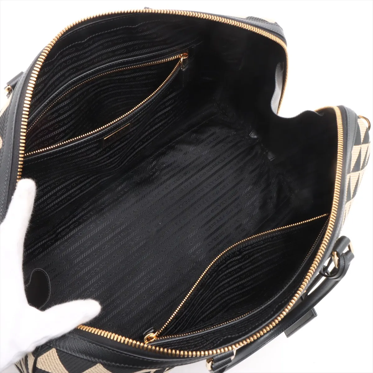 Embroidered Fabric x Leather 2-Way Boston Bag, Beige x Black — view 8
