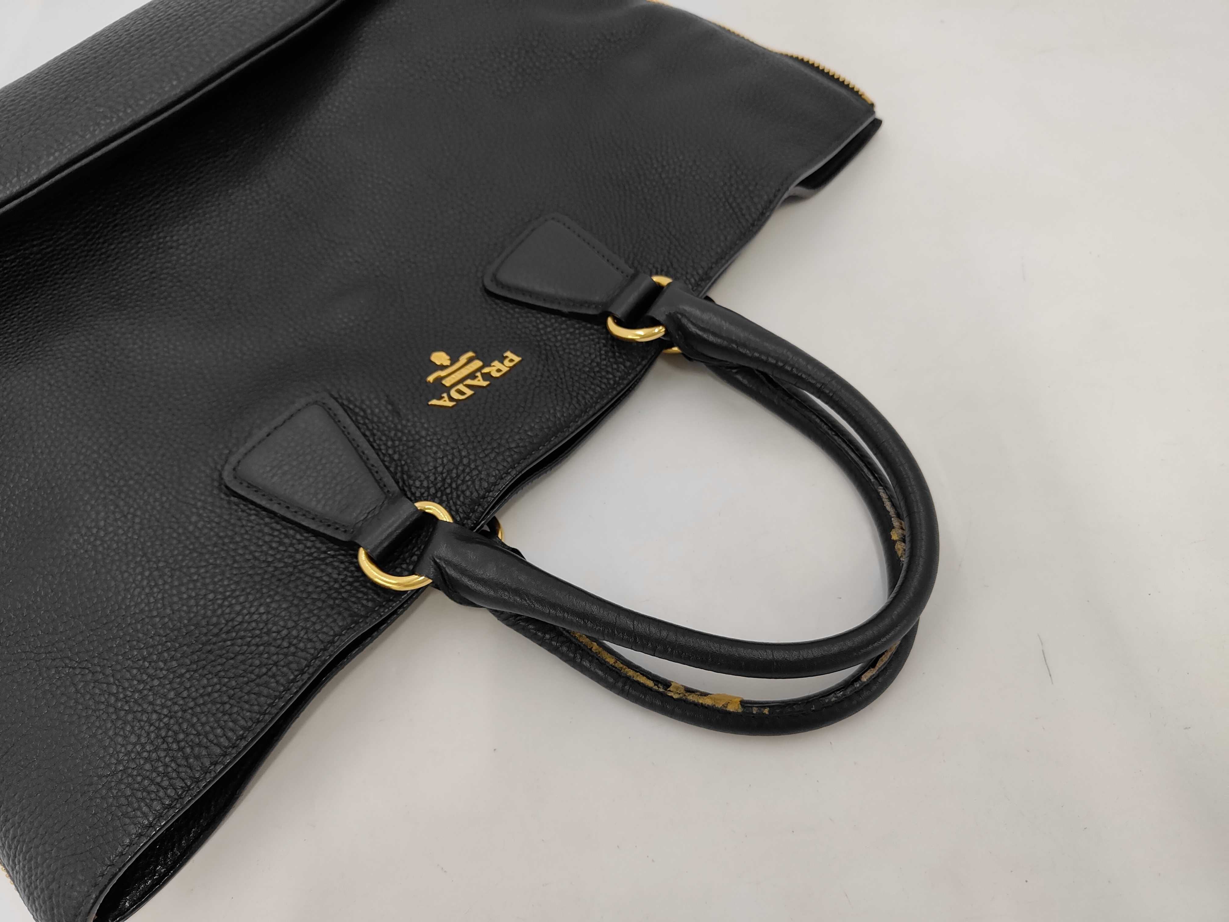Leather Vitello Daino Leather Bag, Black, Gold Hardware, with Shoulder Strap and Name Tag, Tote Bag — view 6