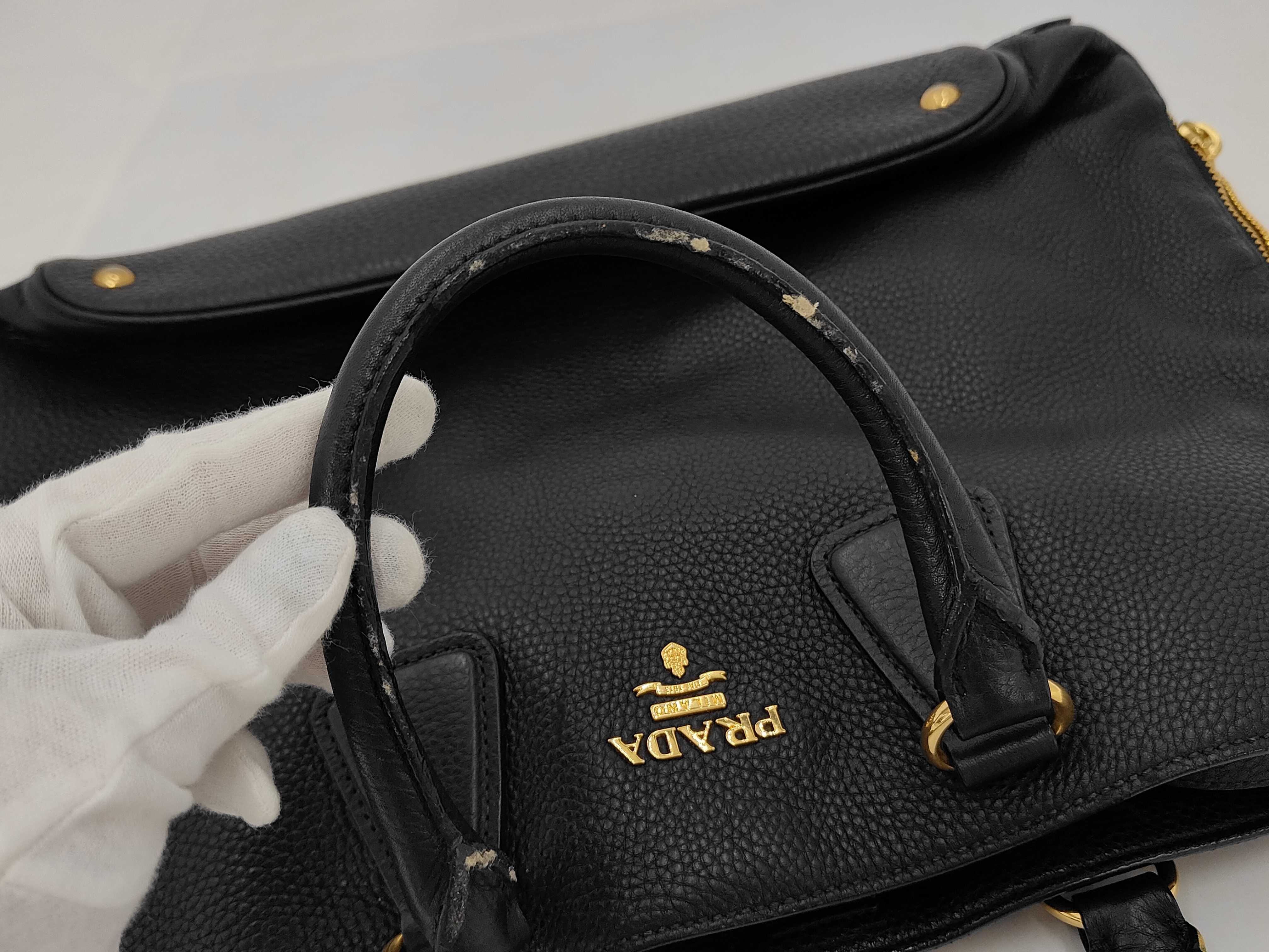 Leather Vitello Daino Leather Bag, Black, Gold Hardware, with Shoulder Strap and Name Tag, Tote Bag — view 9