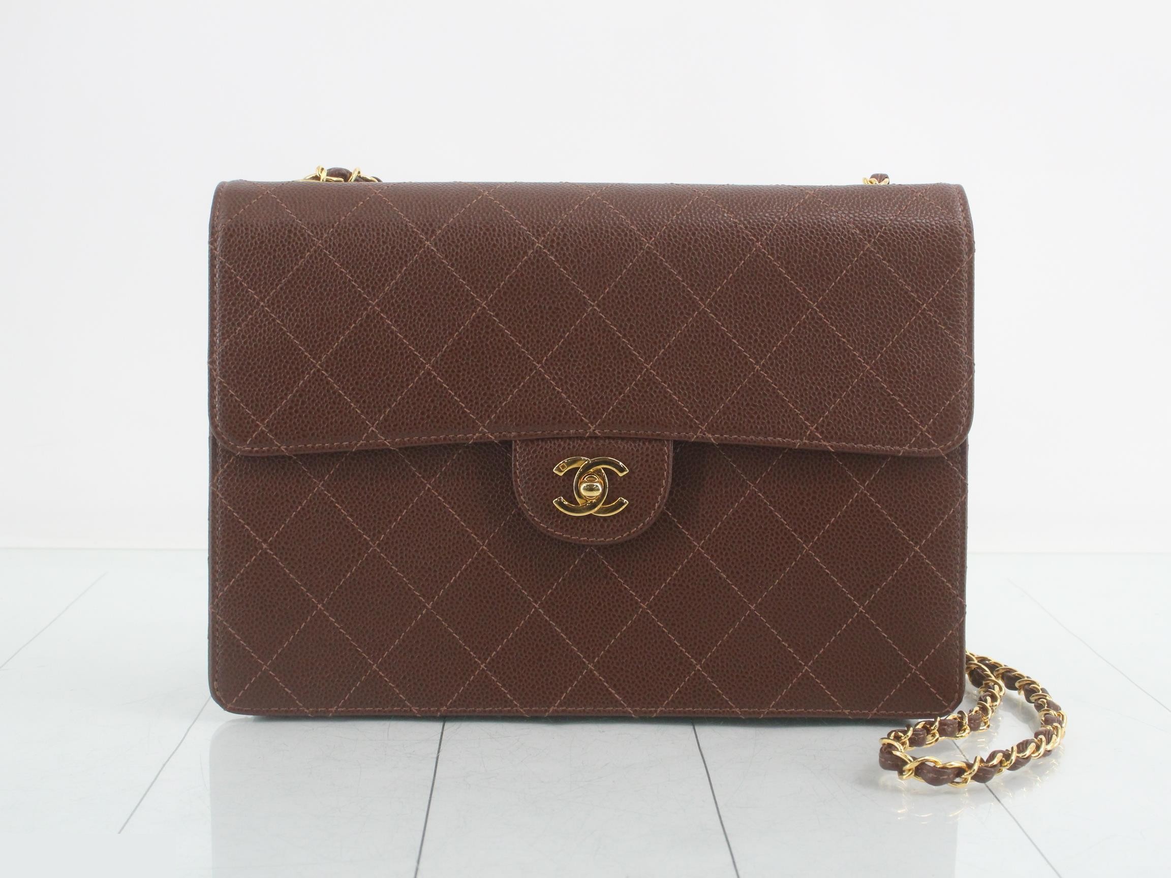 Caviar-patterned, self-standing, wild stitch, brown shoulder bag